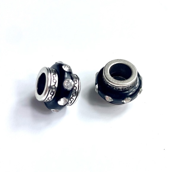 Brighton Set of 2 Black Spacer Barrel Bead with Clear Crystals Silver Plated - Picture 3 of 4